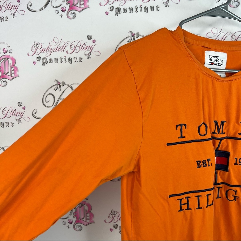 Tommy Hilfiger long sleeve embroidered front Vibrant Orange Graphic Tee - Picture 6 of 11